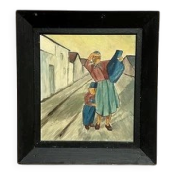 Huile sur panneau "Femme avec enfant et cruche" par Sjösten Vintage et encadrée 47×44cm