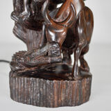 African carved ebony lamp, "Hunters, buffalo and crocodile"
