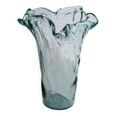 Vase vintage en verre de Murano des années 1970, grand verre bullé massif ton bleuté, design italien