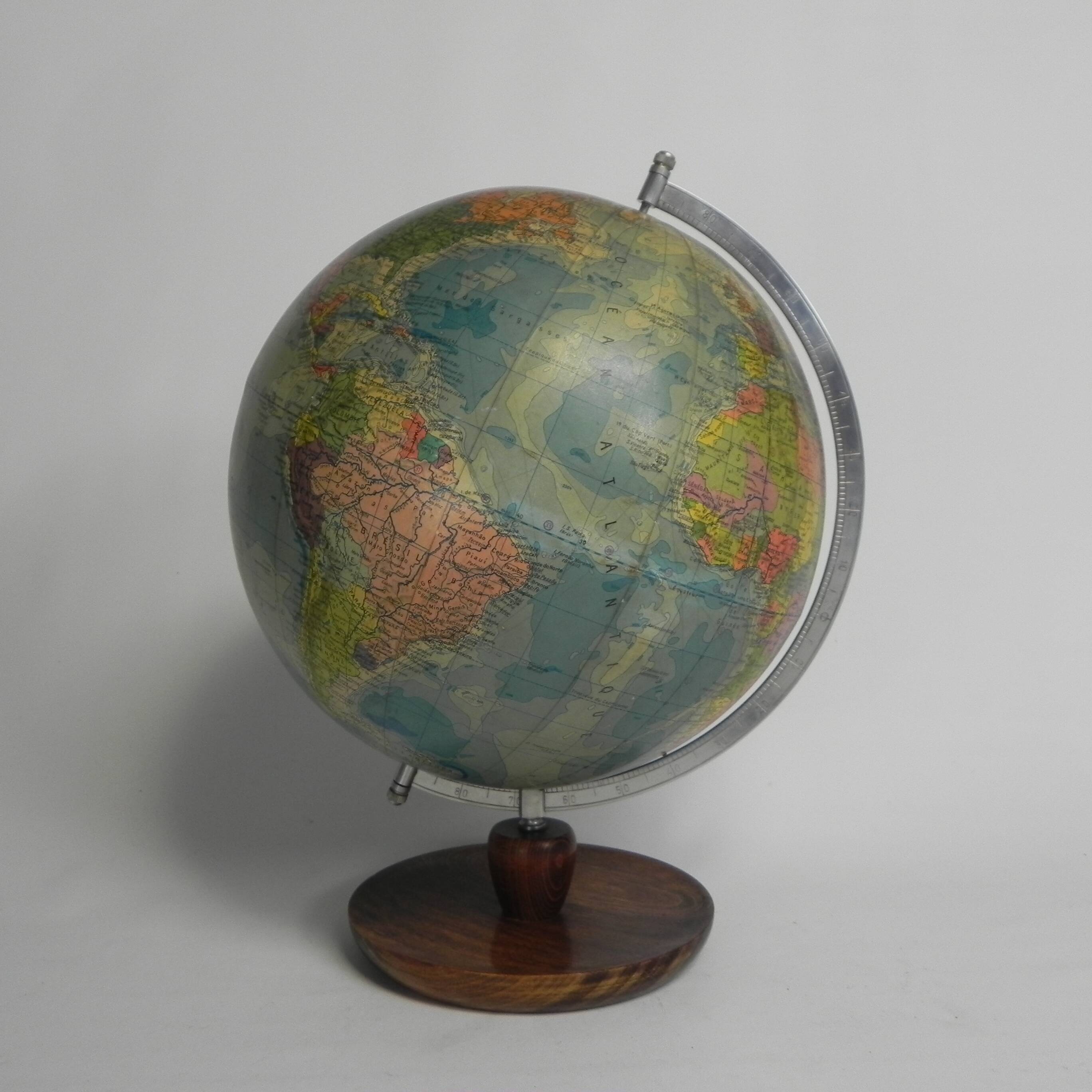Paper mache globe on wooden base, 1960s