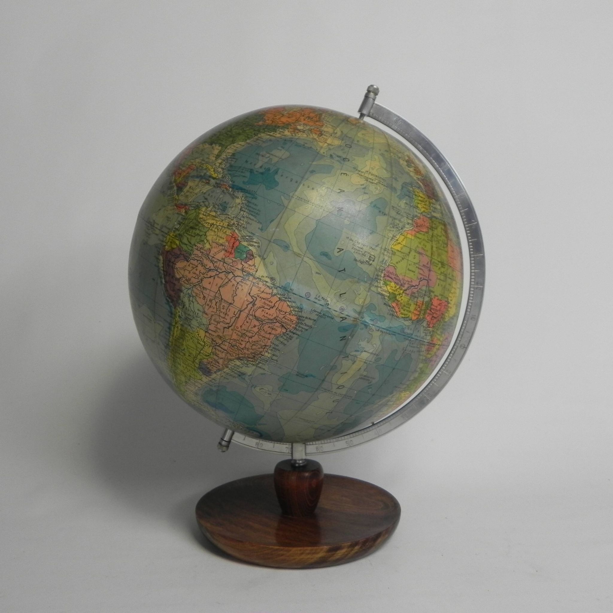 Paper mache globe on wooden base, 1960s