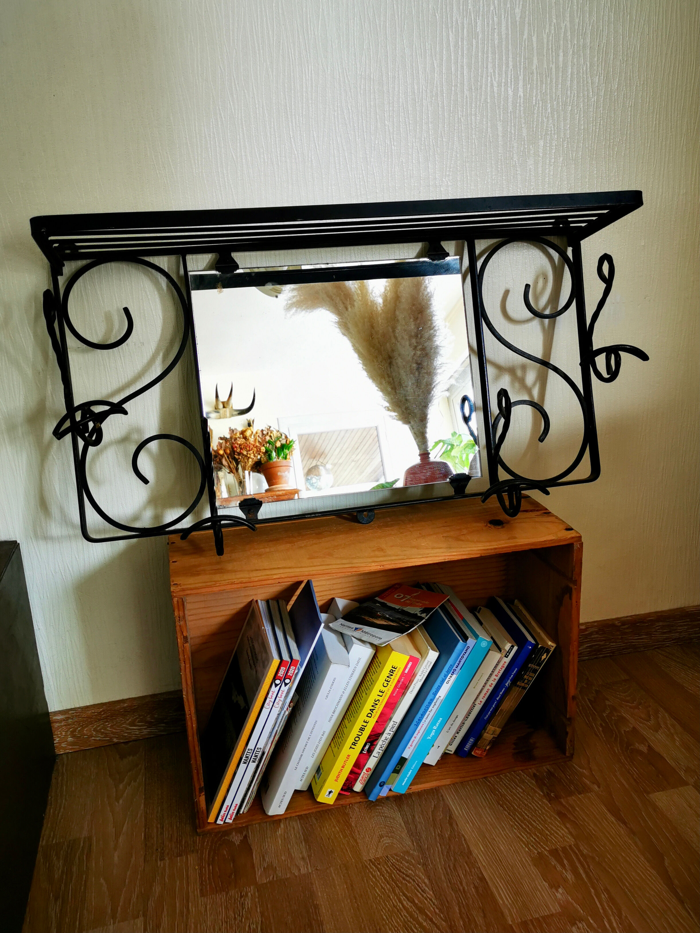 Wall coat holder and forged iron mirror
