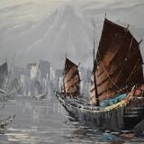 peinture marine voiliers bord de mer en Asie HSP signé
