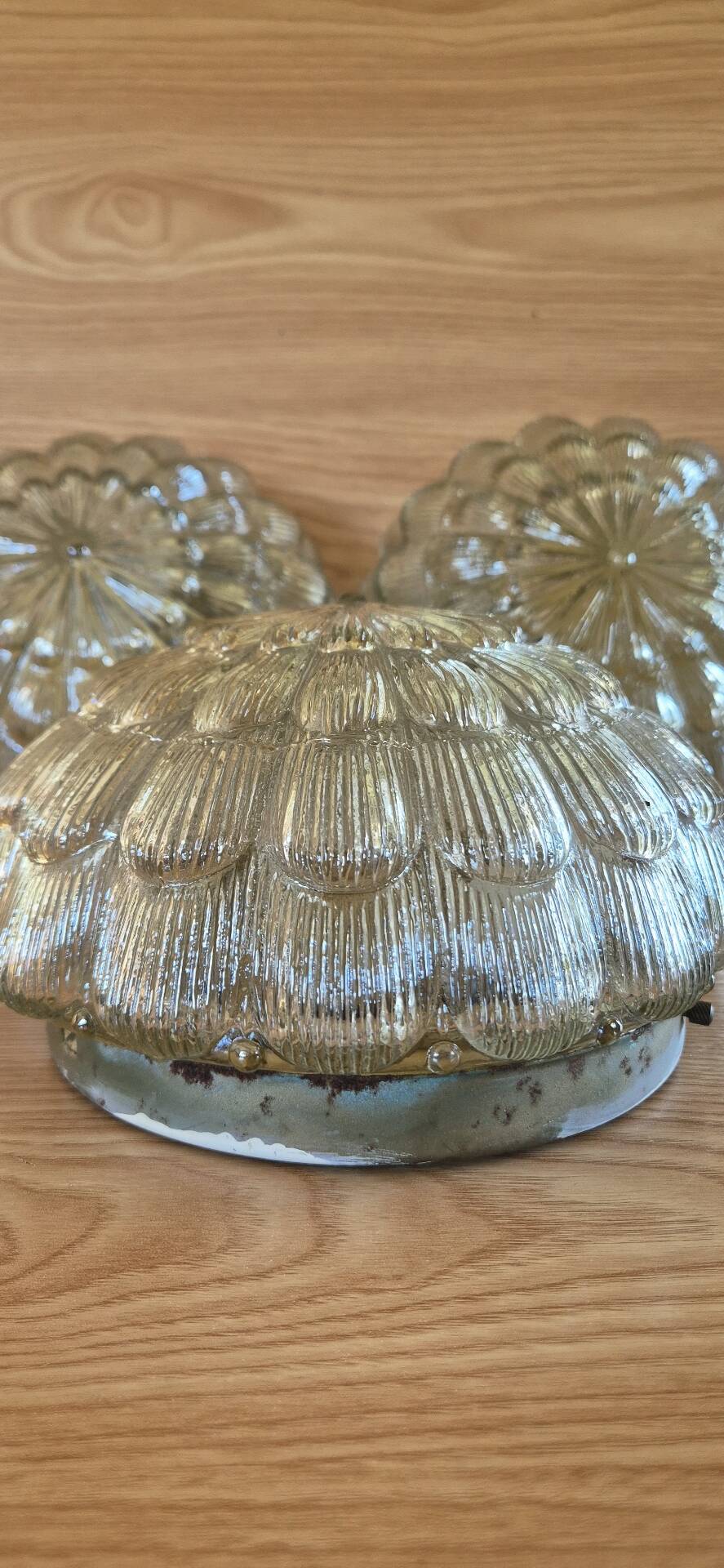 Set of 3 vintage amber moulded glass wall lights and ceiling lights.