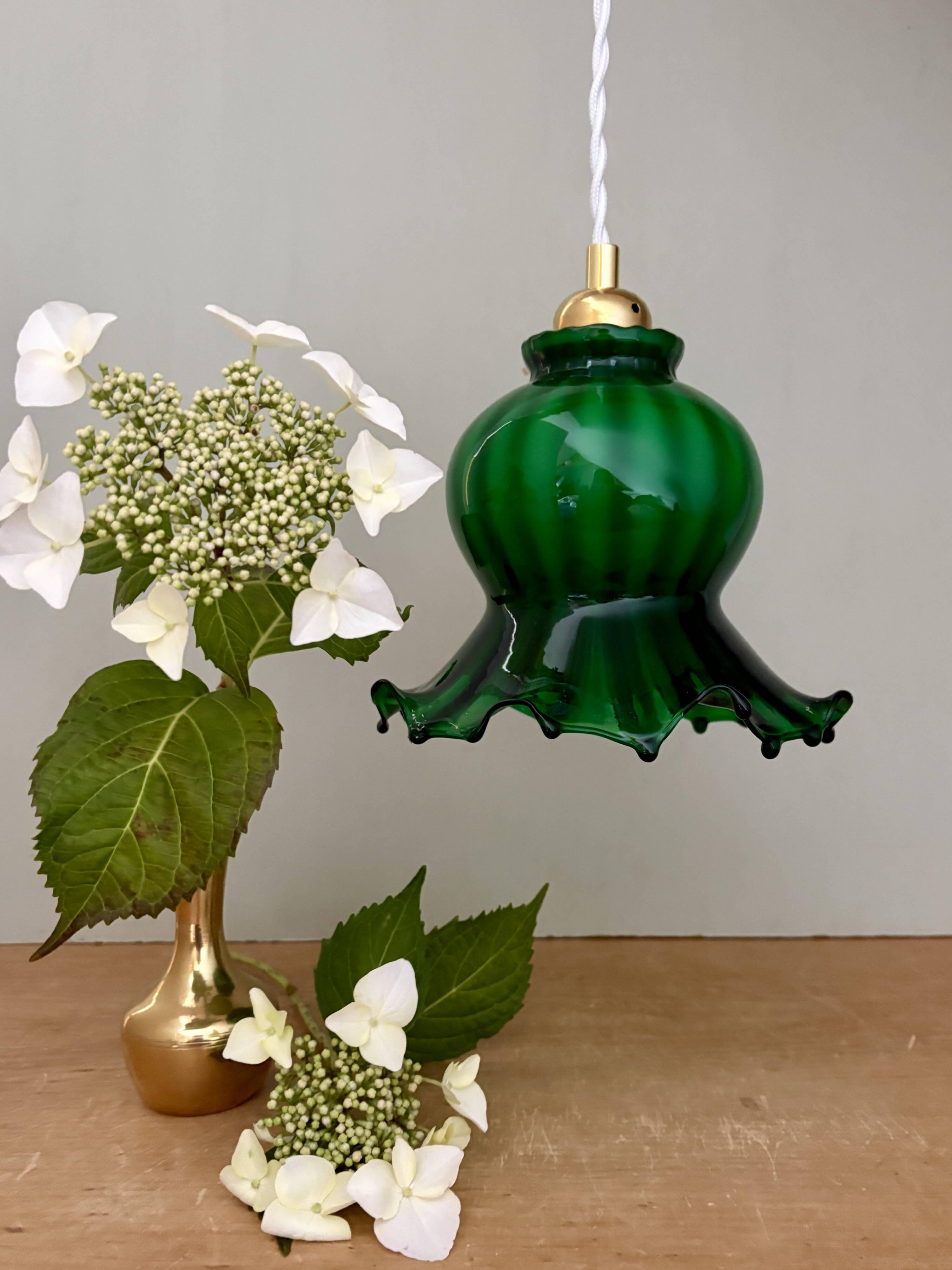 Vintage green glass tulip pendant light
