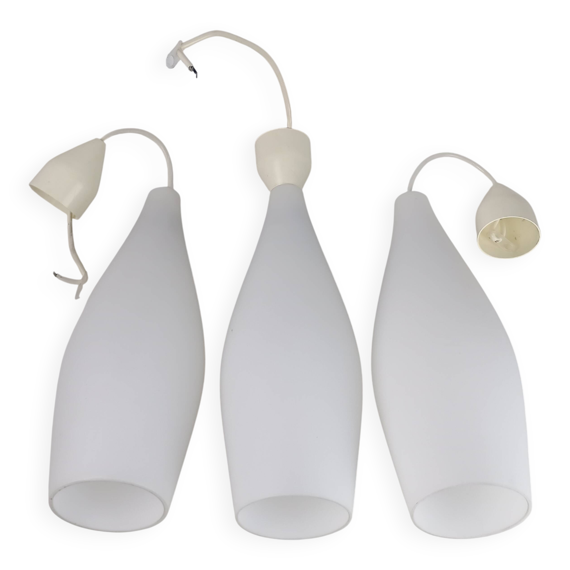Superb set of three Holmegaard white opaline glass pendant lights