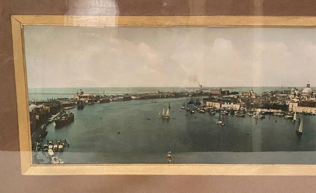 Panoramic view of Venice in a 20th century carved walnut frame