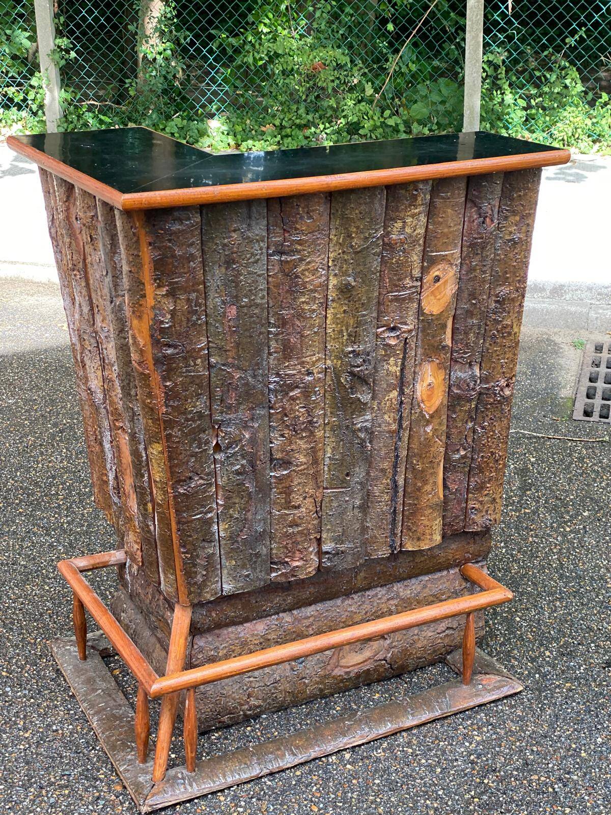 Brutalist wooden bar cabinet with 2 stools