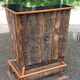 Brutalist wooden bar cabinet with 2 stools