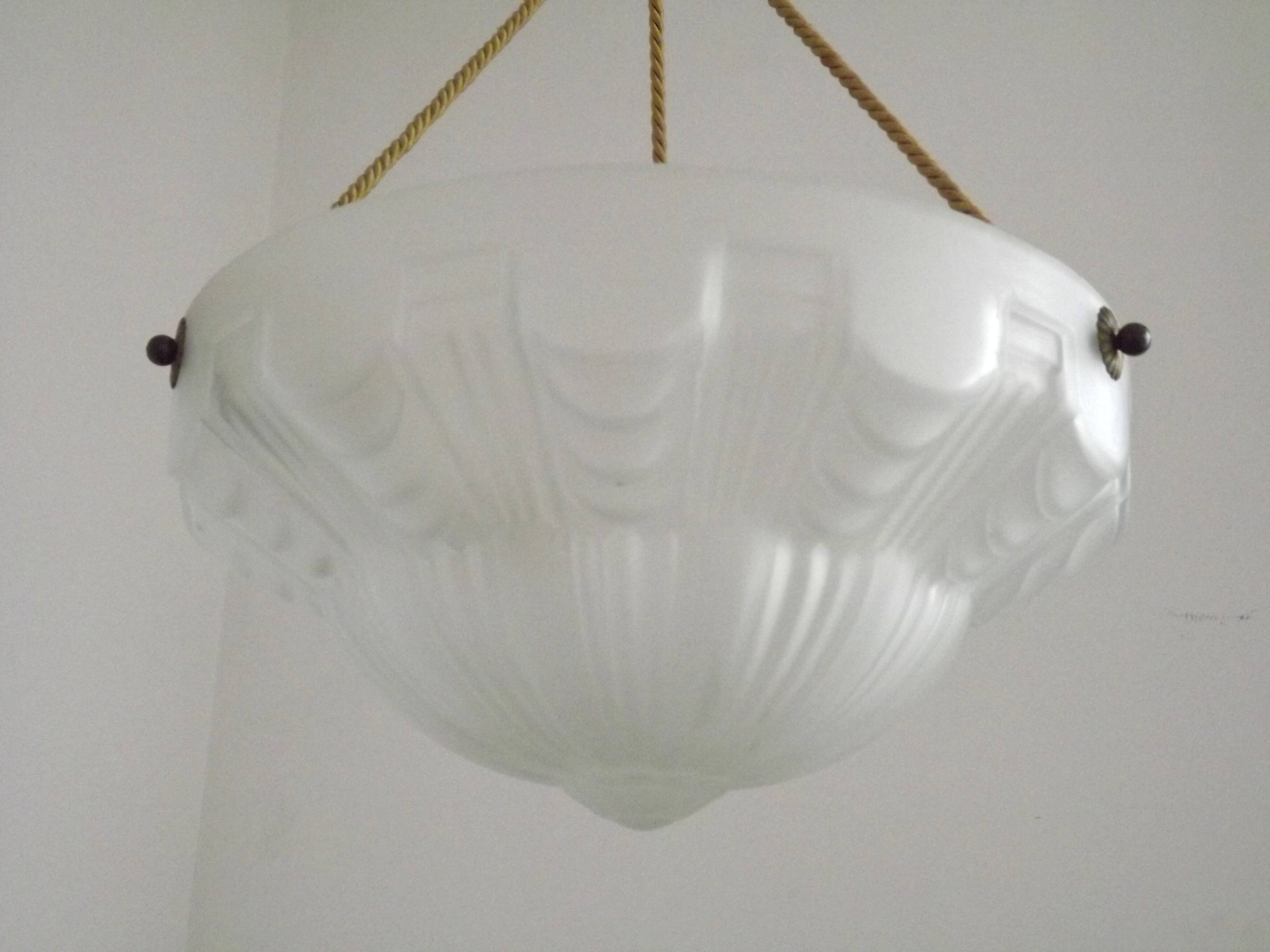 Vintage French 1930s Art Deco Gometric White Glass Ceiling Light