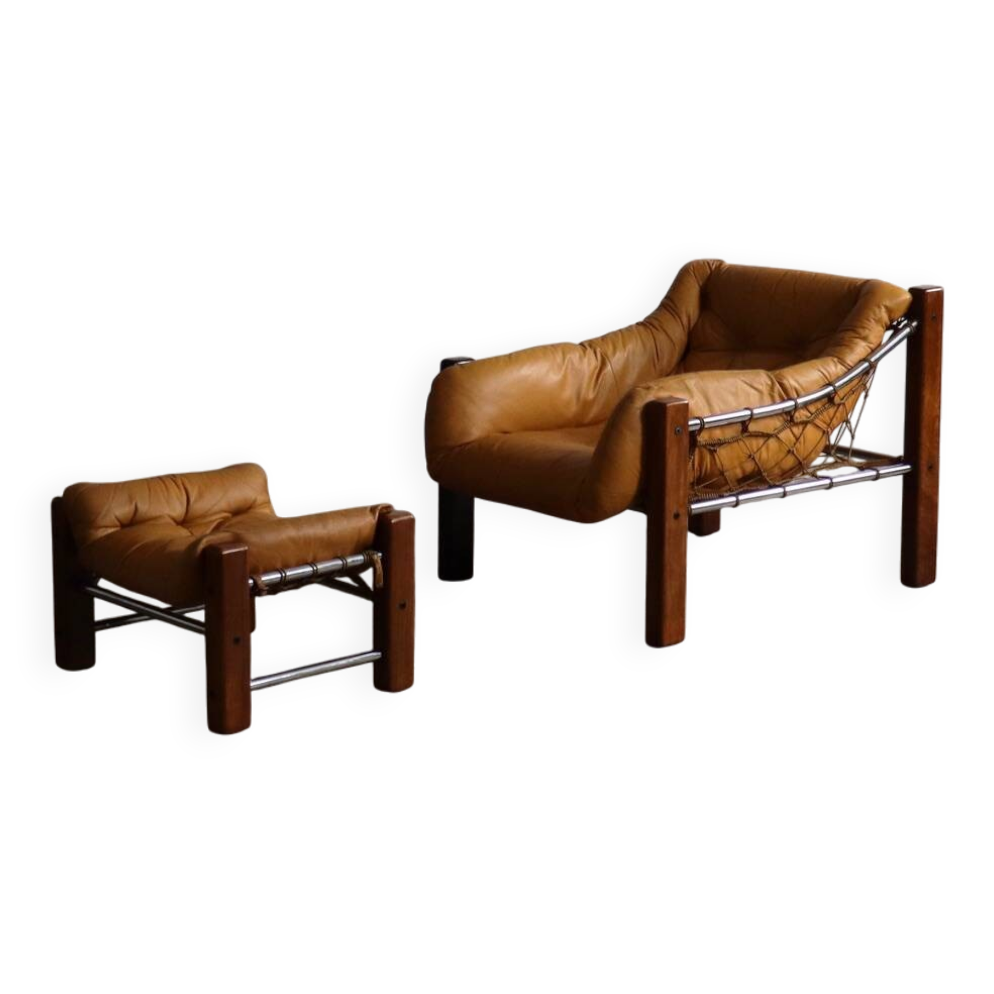 Amazonas Lounge Chair with ottoman in Cognac Leather by Jean Gillon Brazil