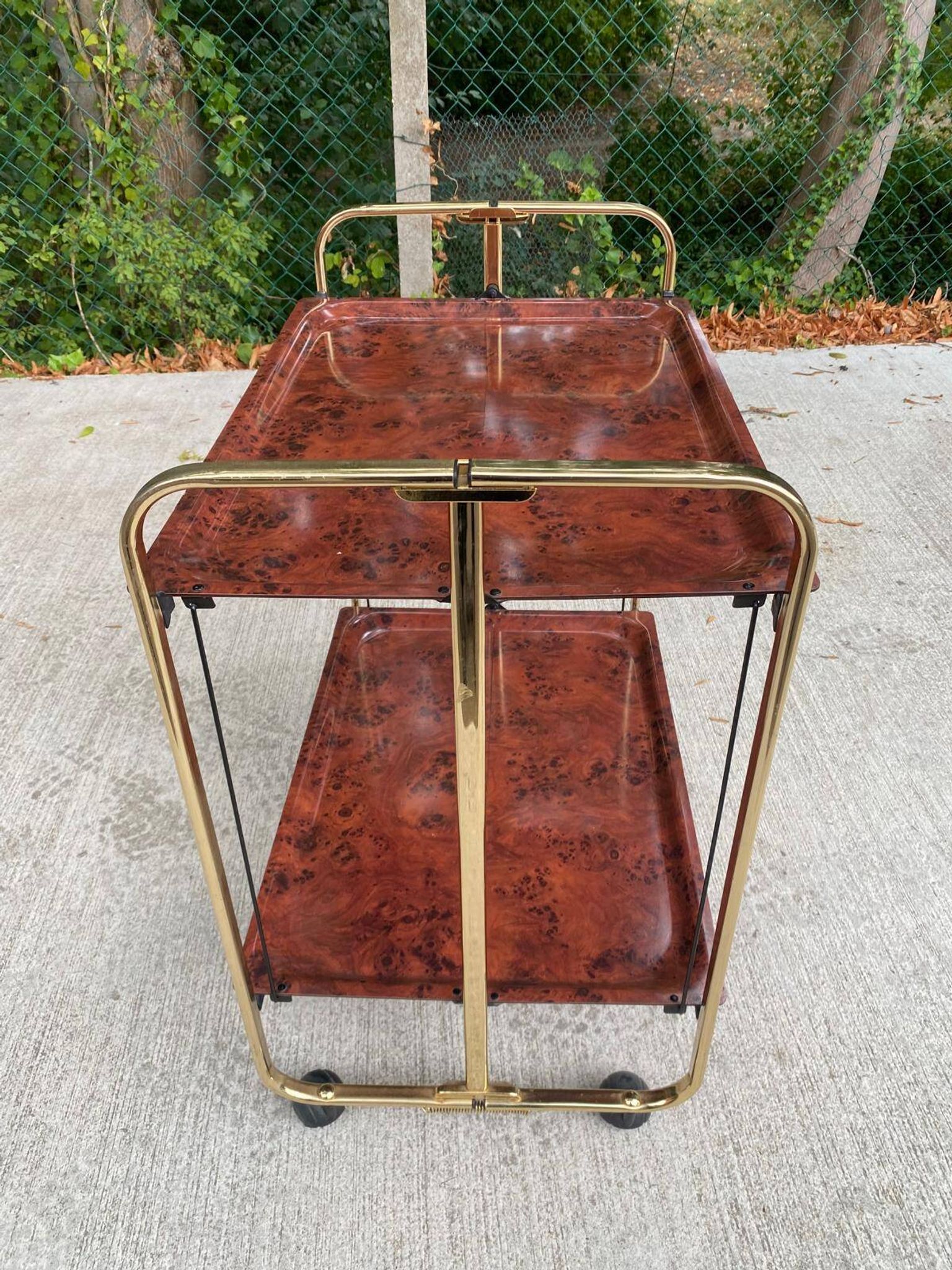 Vintage 70s folding bar table, brass with wood burl effect, Dinet style.