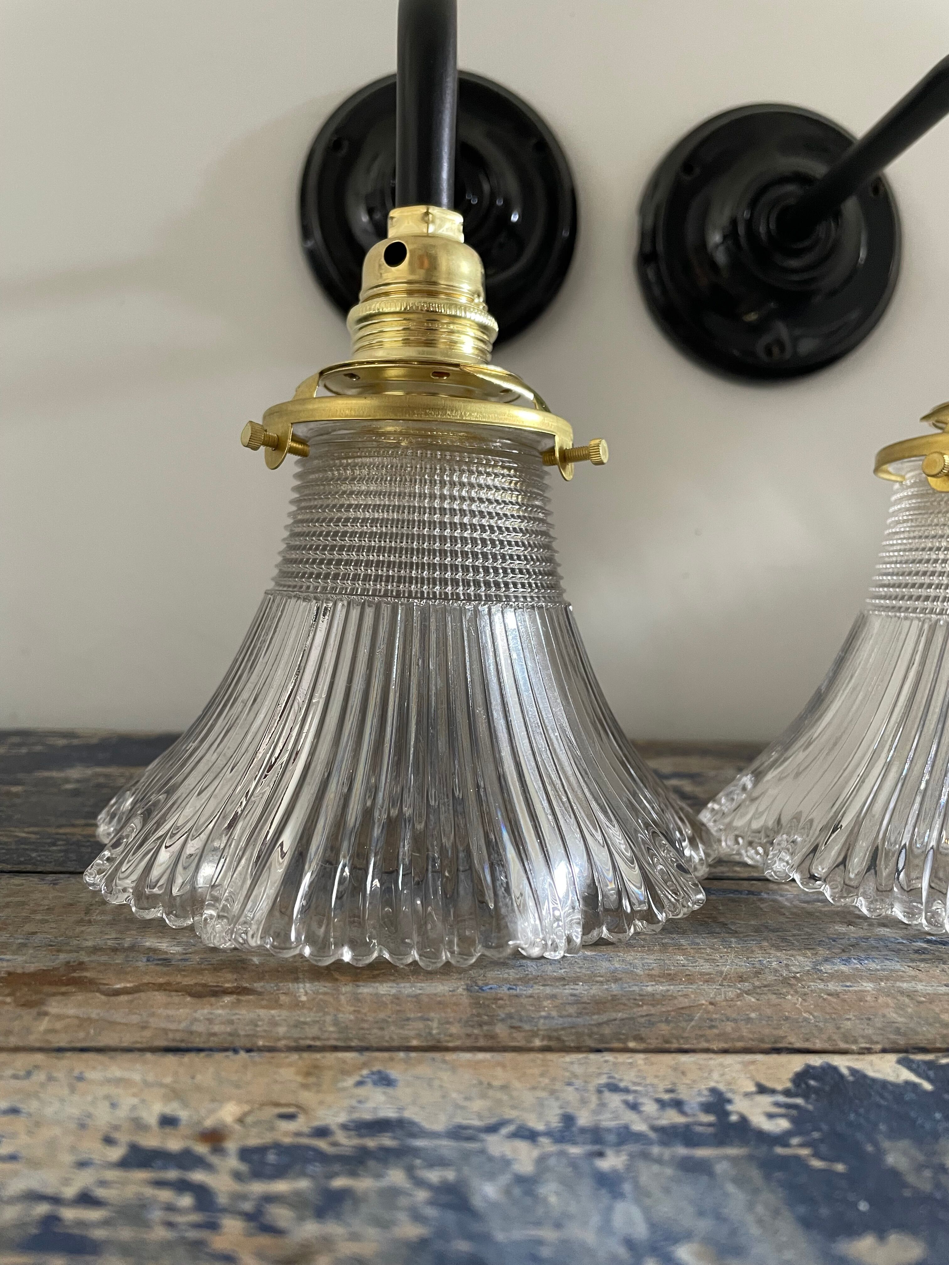Pair of vintage holophane glass sconces electrified