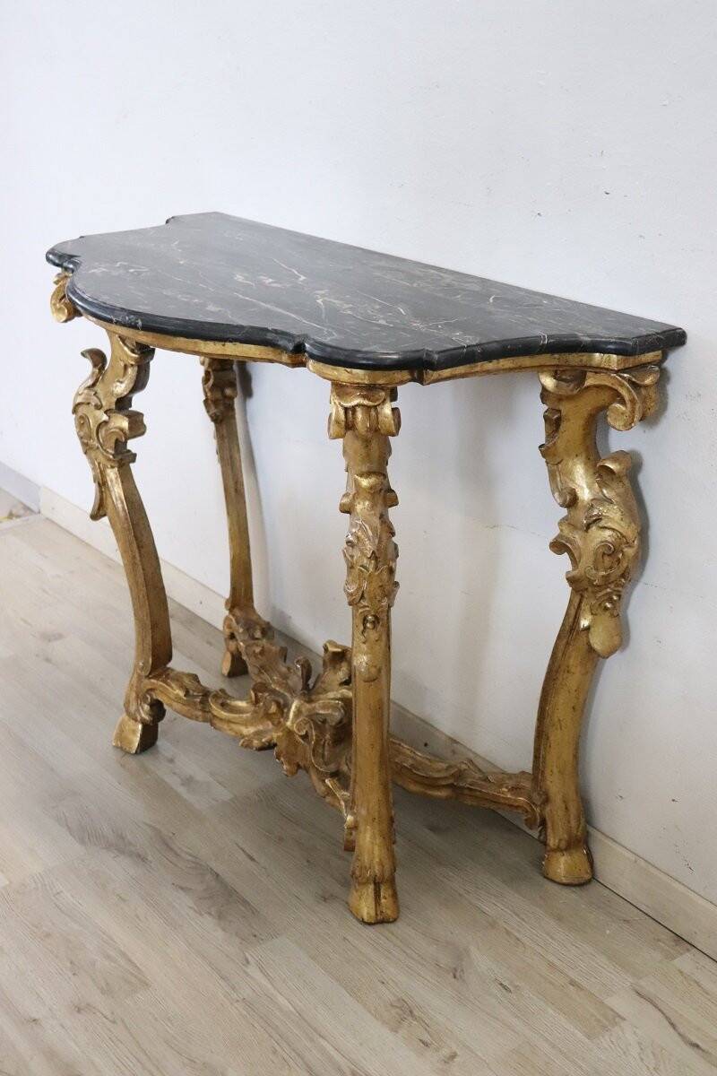 Giltwood antique console table with marble top, Italy 18th century