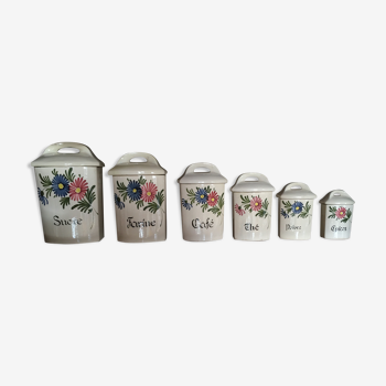 Complete series of 6 enamelled ceramic spice pots with floral motifs