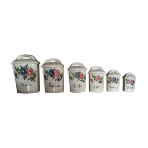 Série complète de 6 pots à épices en céramique émaillés à motifs floraux