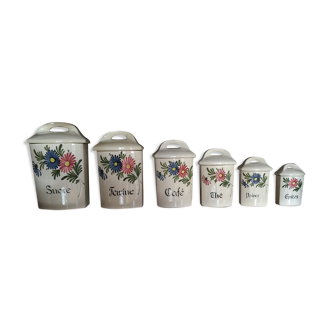 Complete set of 6 glazed ceramic spice jars with floral patterns