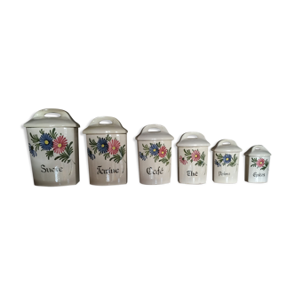 Complete series of 6 enamelled ceramic spice pots with floral motifs
