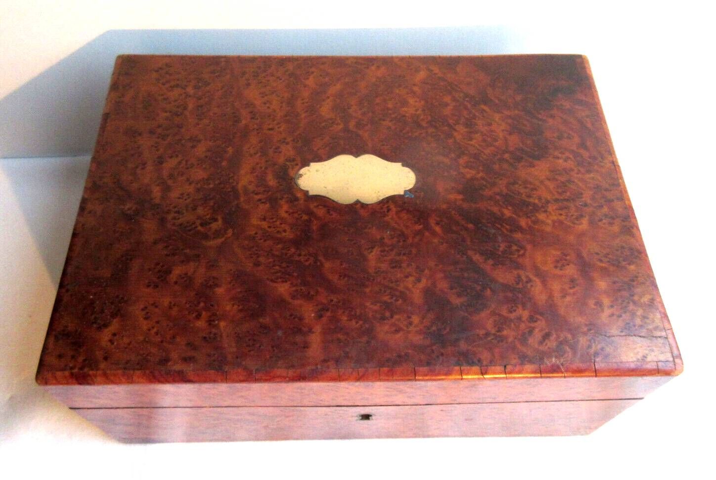 19th century Napoleon III box, blue silk padded jewelry box in elm burl