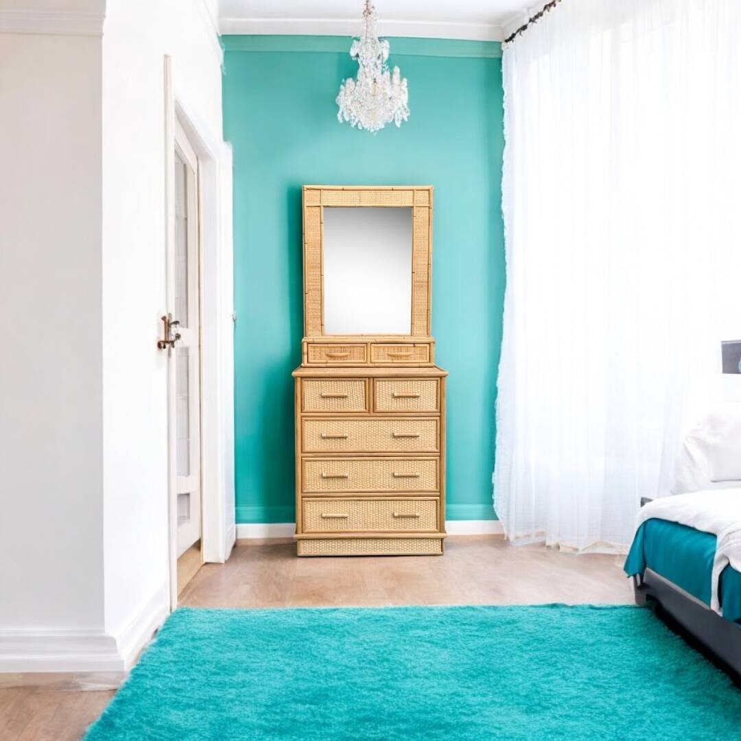 Rattan and woven wicker chest of drawers and mirror, 1970
