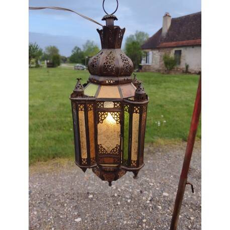 North African lantern suspension in brass and coloured glass.