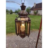 North African lantern suspension in brass and coloured glass.