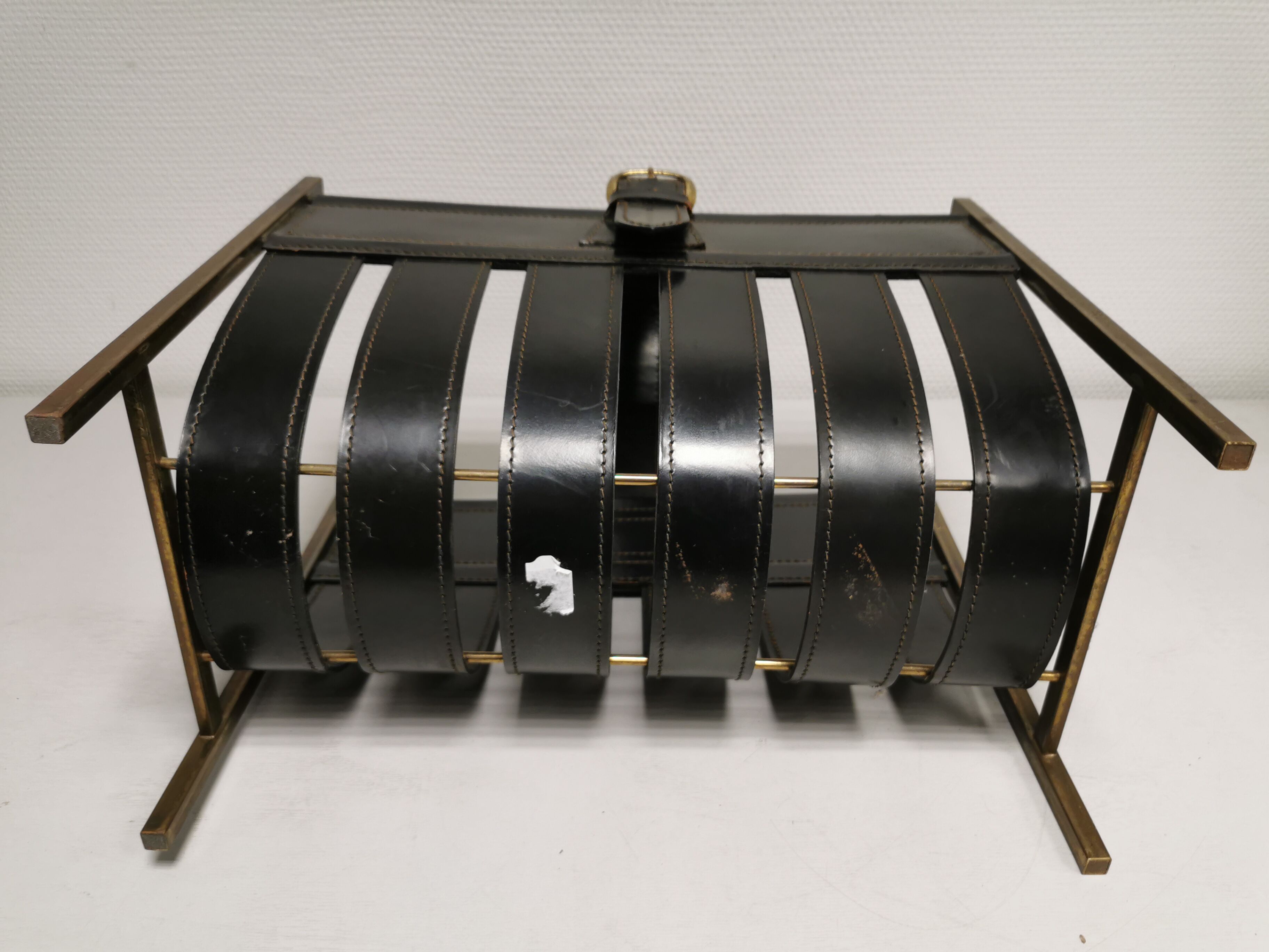 Vintage leather magazine rack, 50s