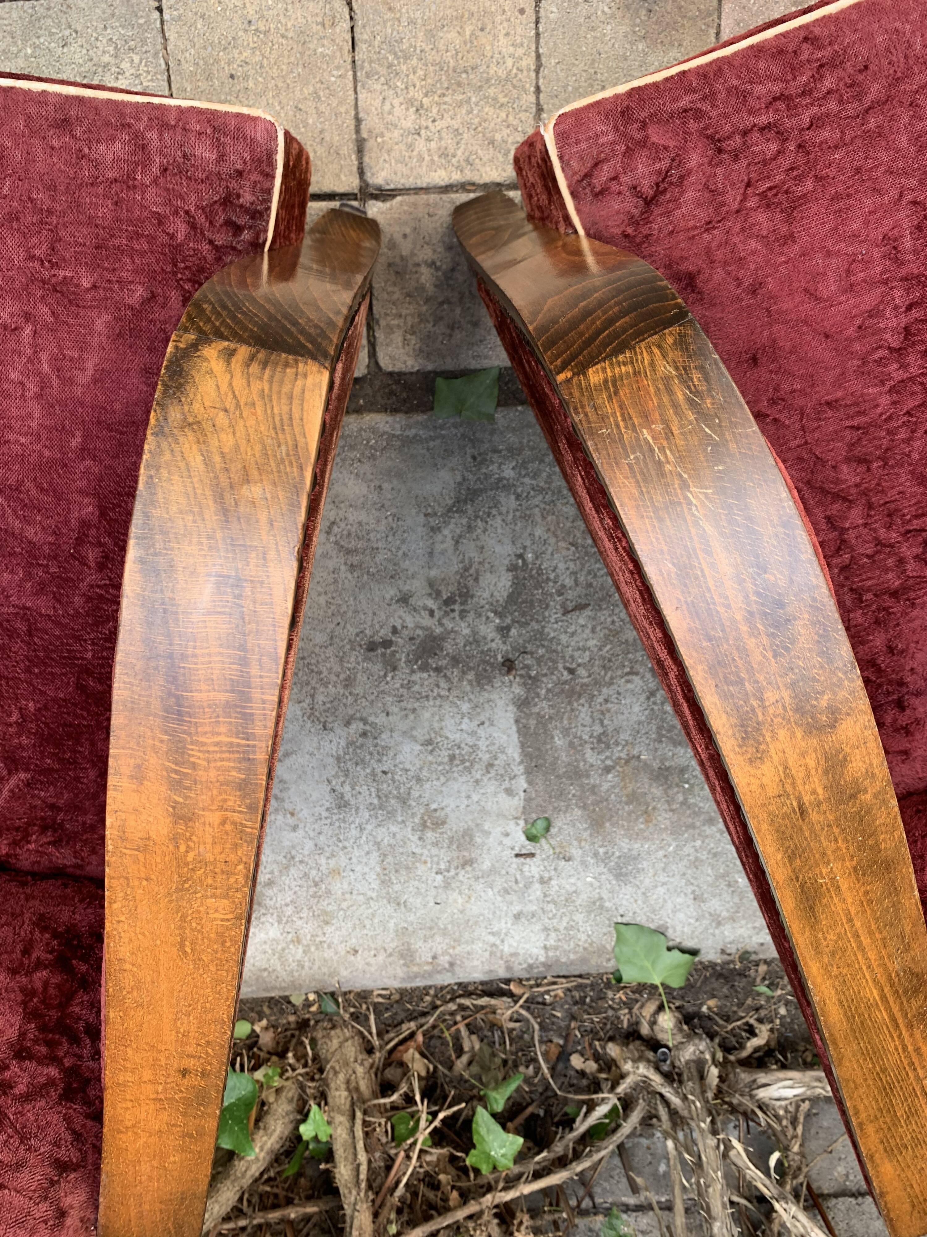 Pair of Art Deco club armchairs in burgundy red velvet, 1930s
