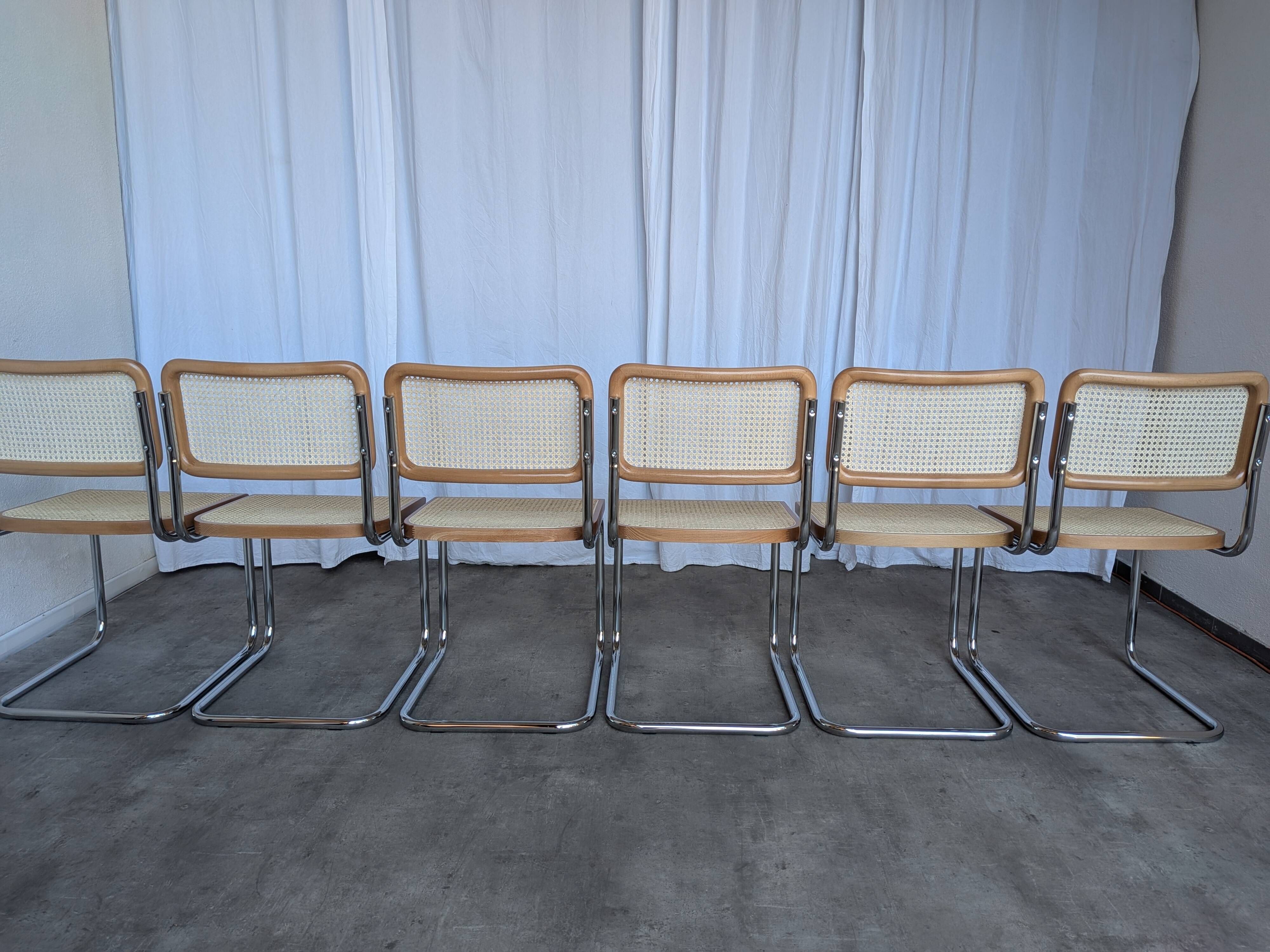 Ensemble de 6 chaises Cesca Design Marcel Breuer / Noyer clair, cannage, chrome, salle à manger