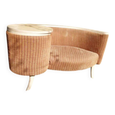 Banc téléphone 1960s marron tissu avec table intégrée — style Mid-Century