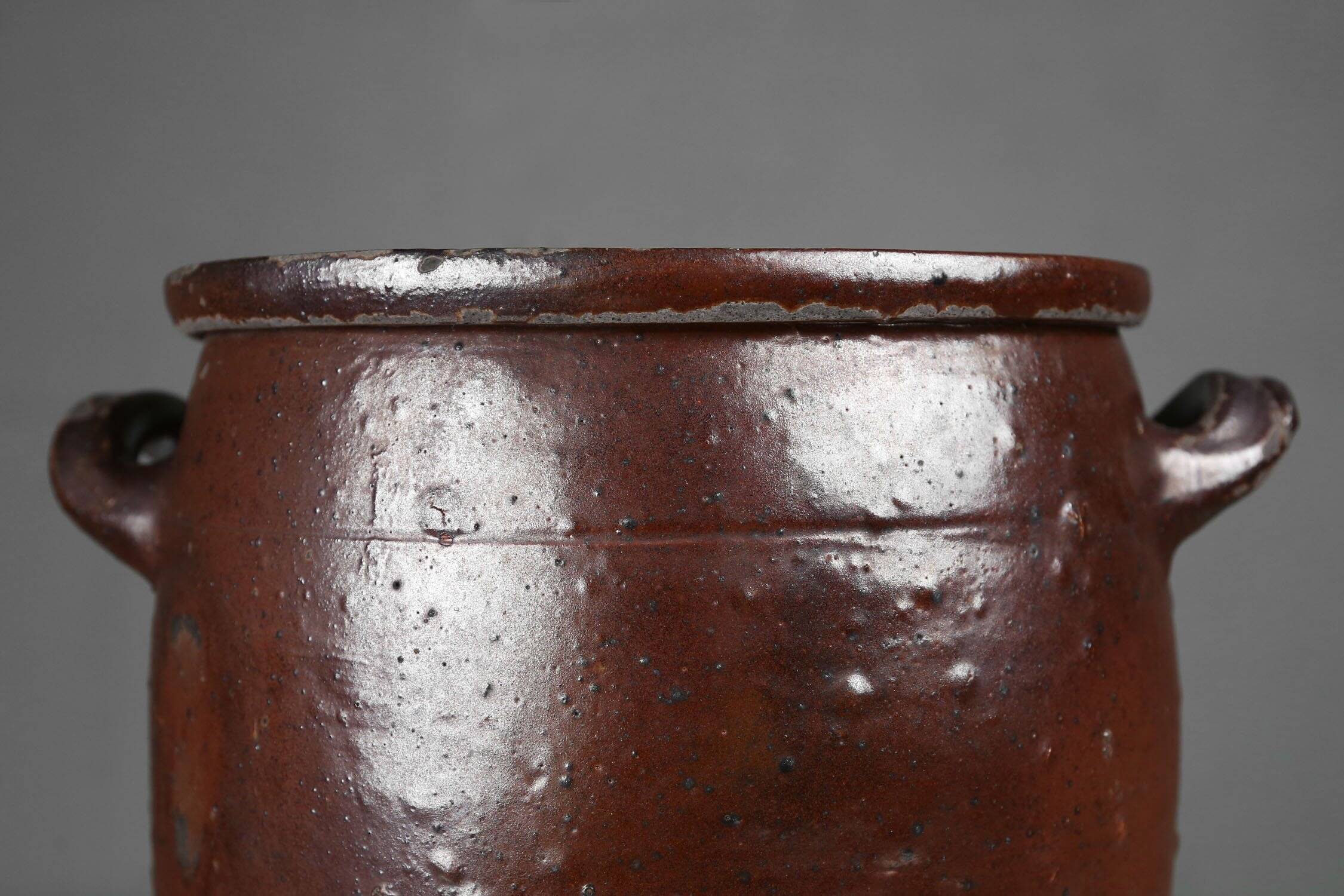 Signed Rustic Large Glazed Brown Ceramic Pot, Belgium, 1800s