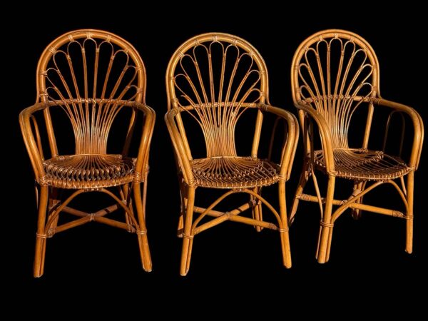 3 fauteuils en rotin, France années 80