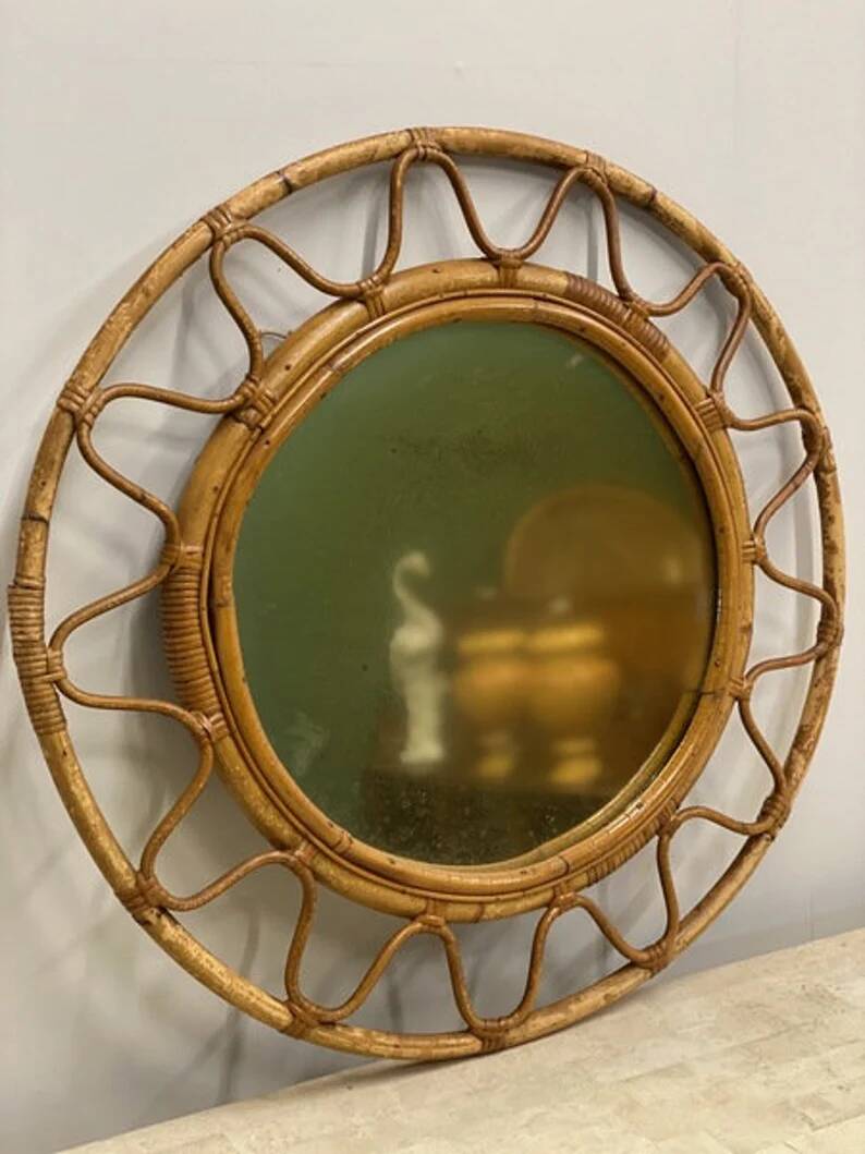 Rare mid-century round Italian mirror with double bamboo weaved wicker frame, 19