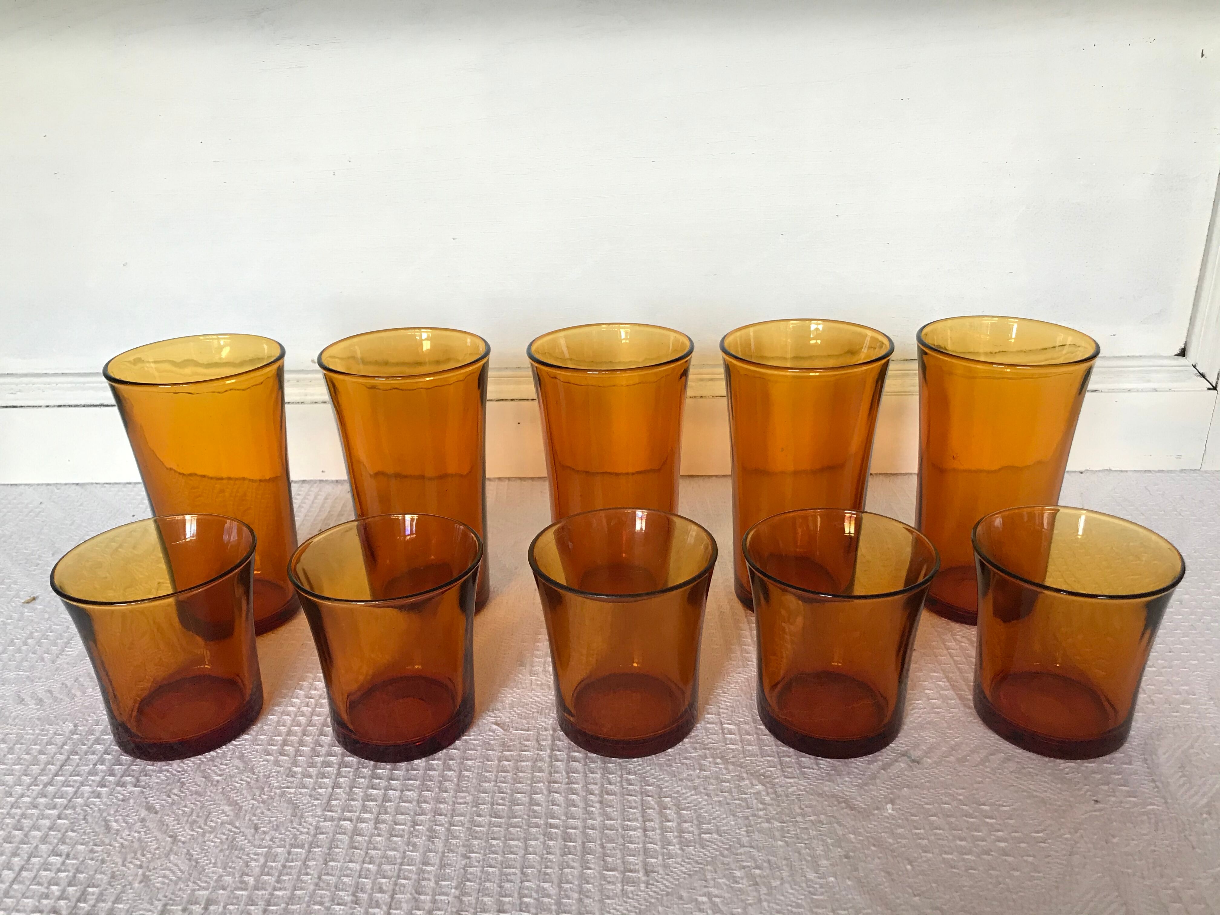 Set of 10 amber Duralex glasses