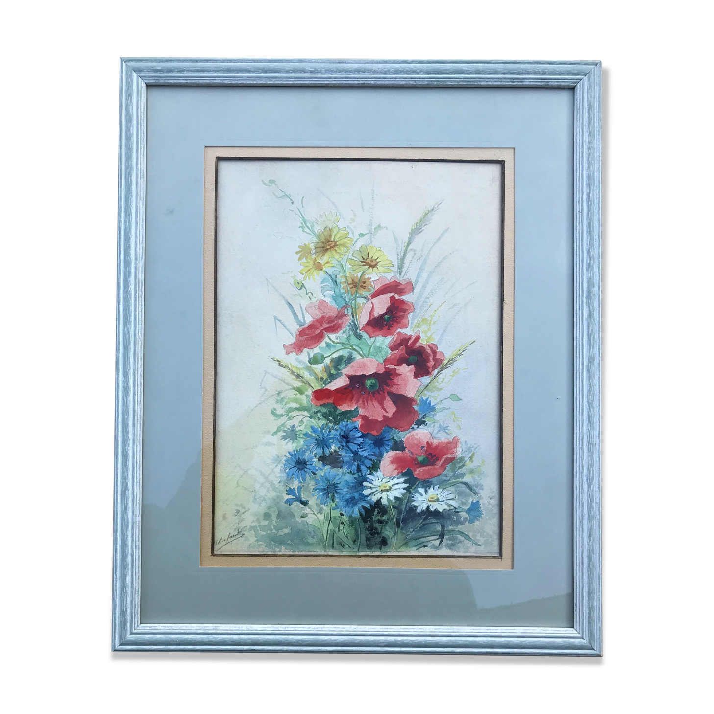 Watercolor poppies, blueberries and maguerites