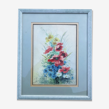 Aquarelle coquelicots, bleuets et maguerites