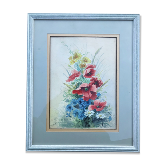 Aquarelle coquelicots, bleuets et maguerites