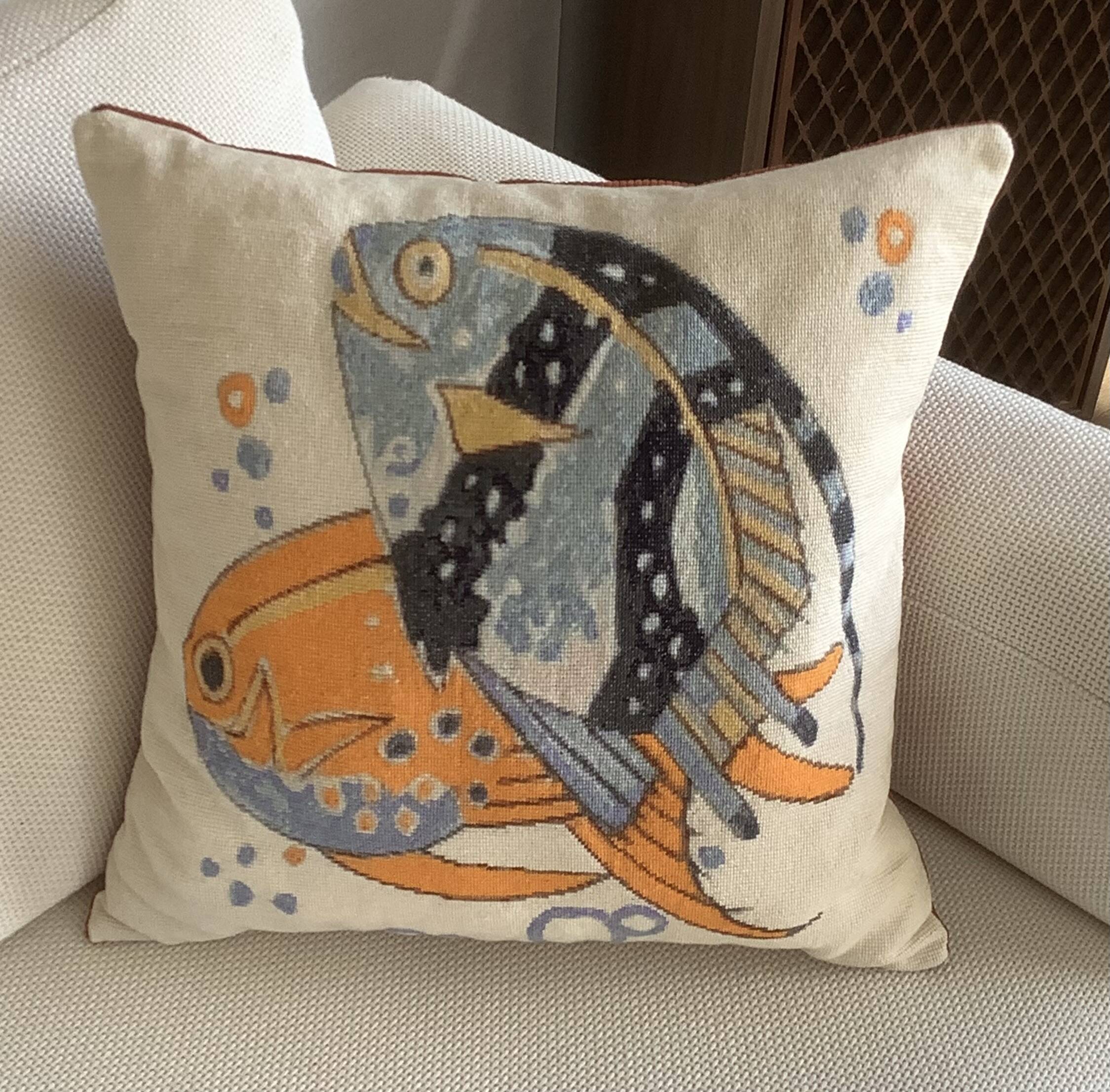 Cushion in fine tapestry, after Mathurin Meheut, West Coast decoration.