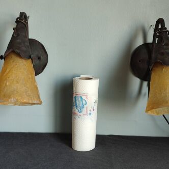 Pair of vintage glass paste and metal wall lights