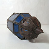 Electrifiable oriental lantern vintage chiseled blue glass 44cm