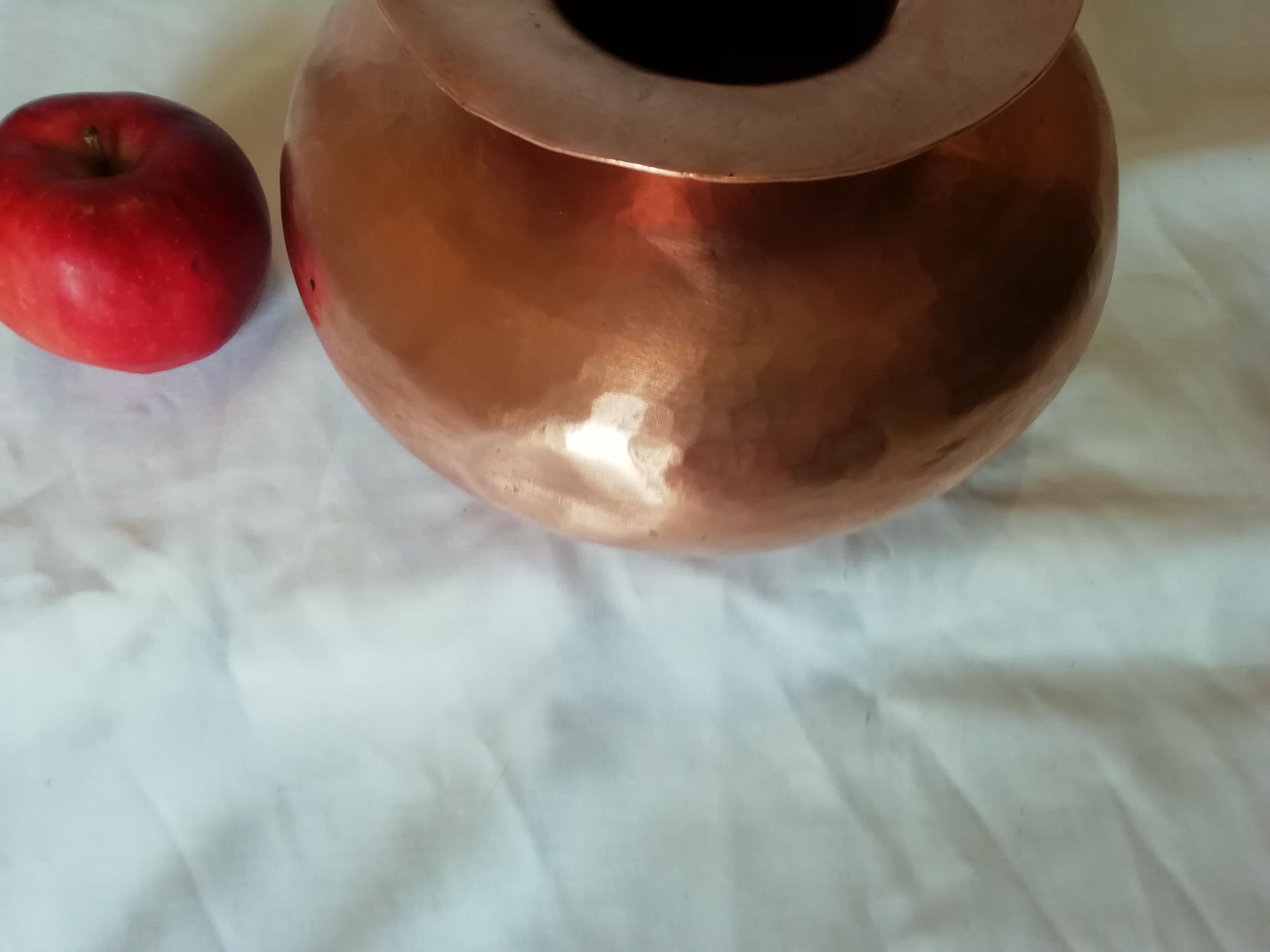 Ball vase with flared hammered copper collar