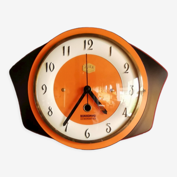 Horloge formica vintage pendule murale silencieuse "Jura orange noir"