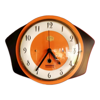 Horloge formica vintage pendule murale silencieuse "Jura orange noir"
