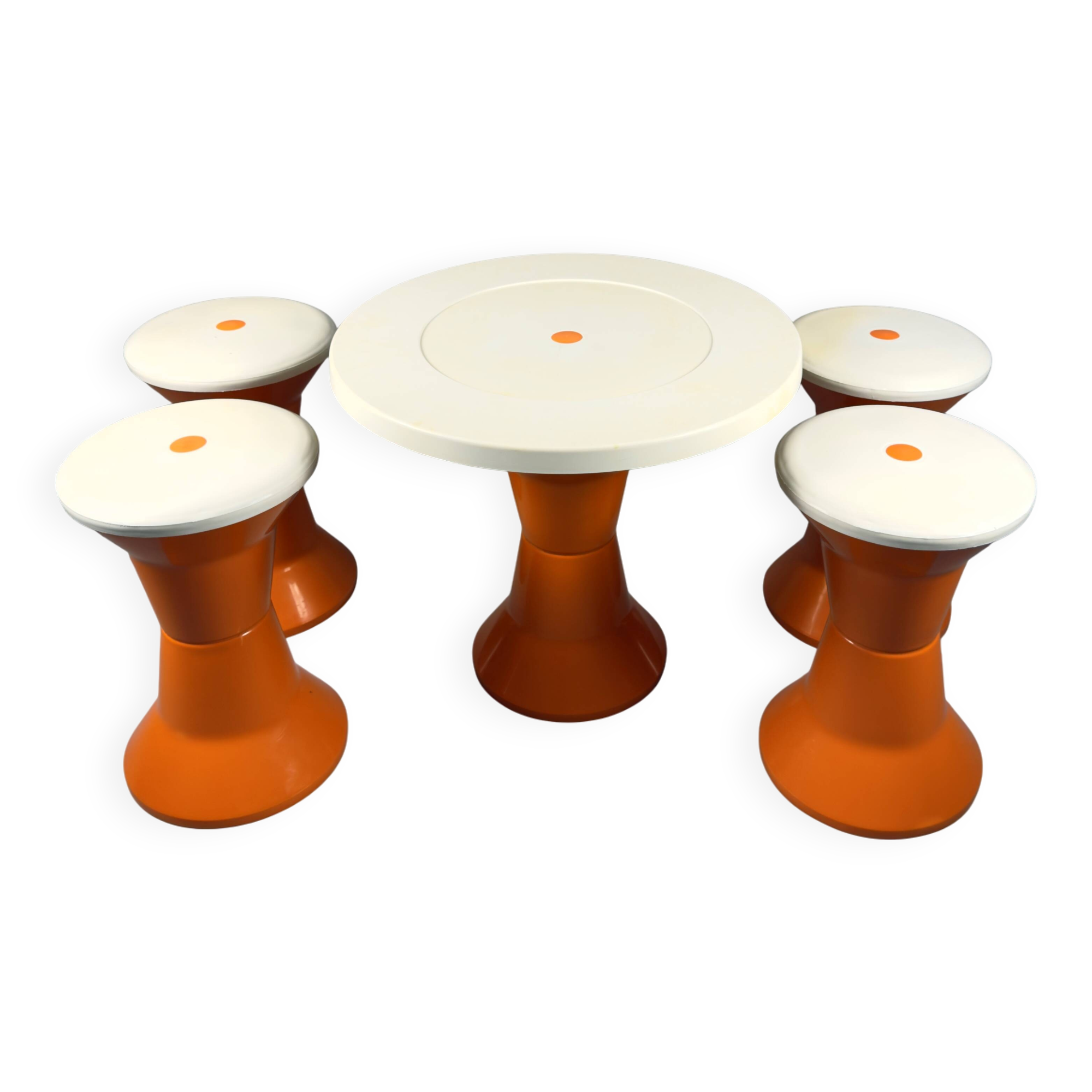 Ensemble tabourets et table Space Age – Plastique orange et blanc, style italien vintage