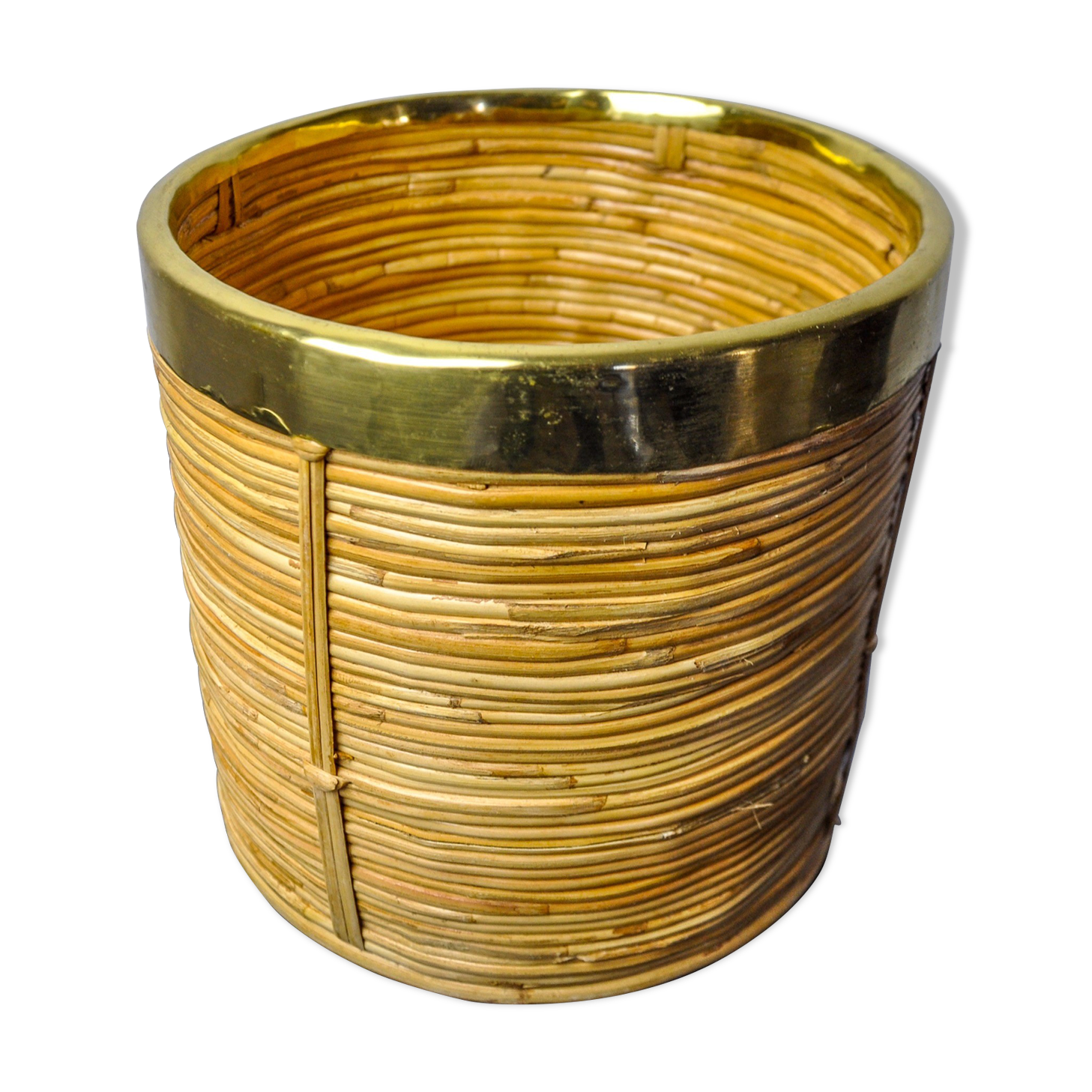 Rattan and brass book basket, Italy, 1970