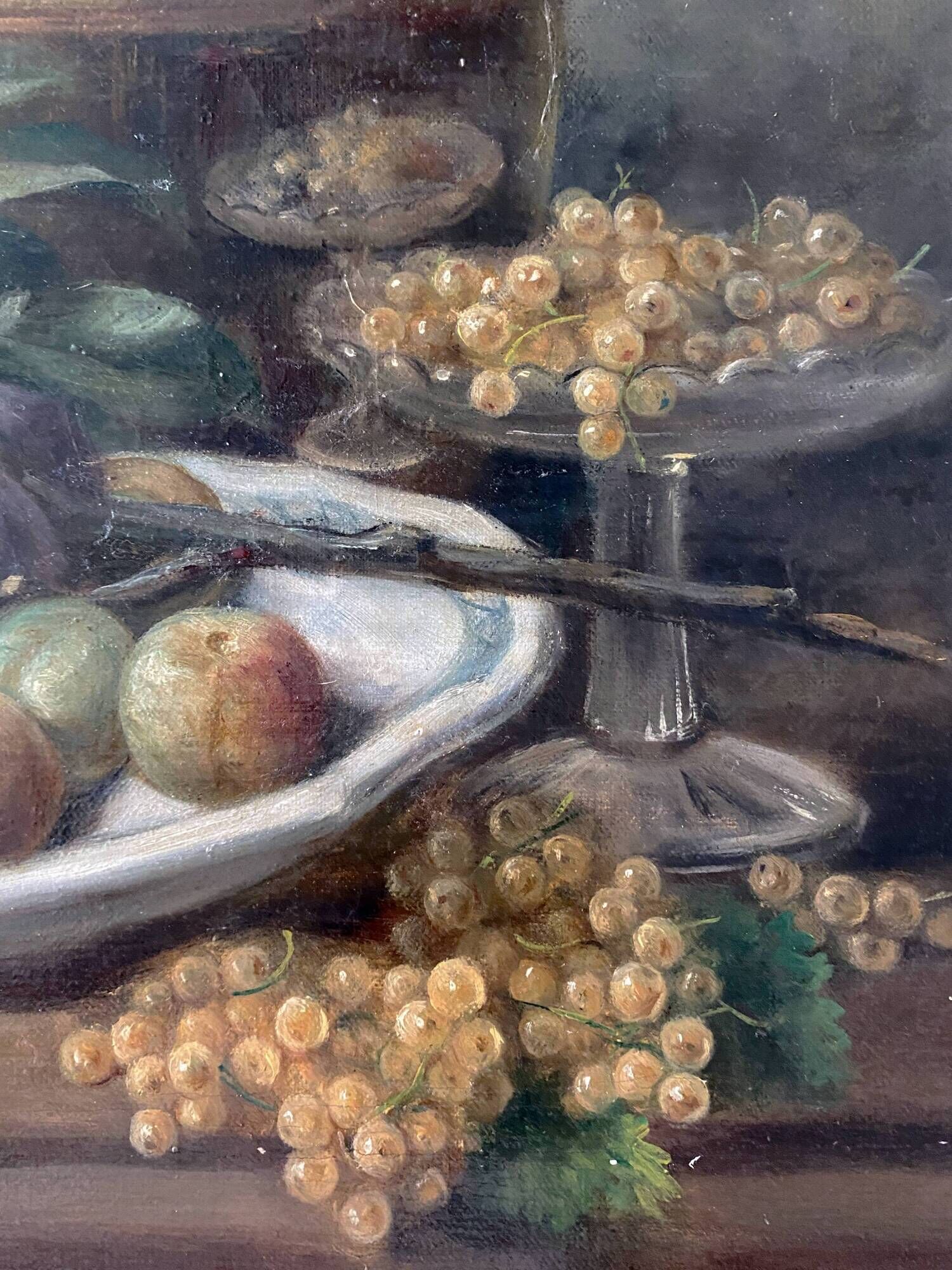 HST painting "Still life with roses and fruits" signed Maniere 1920