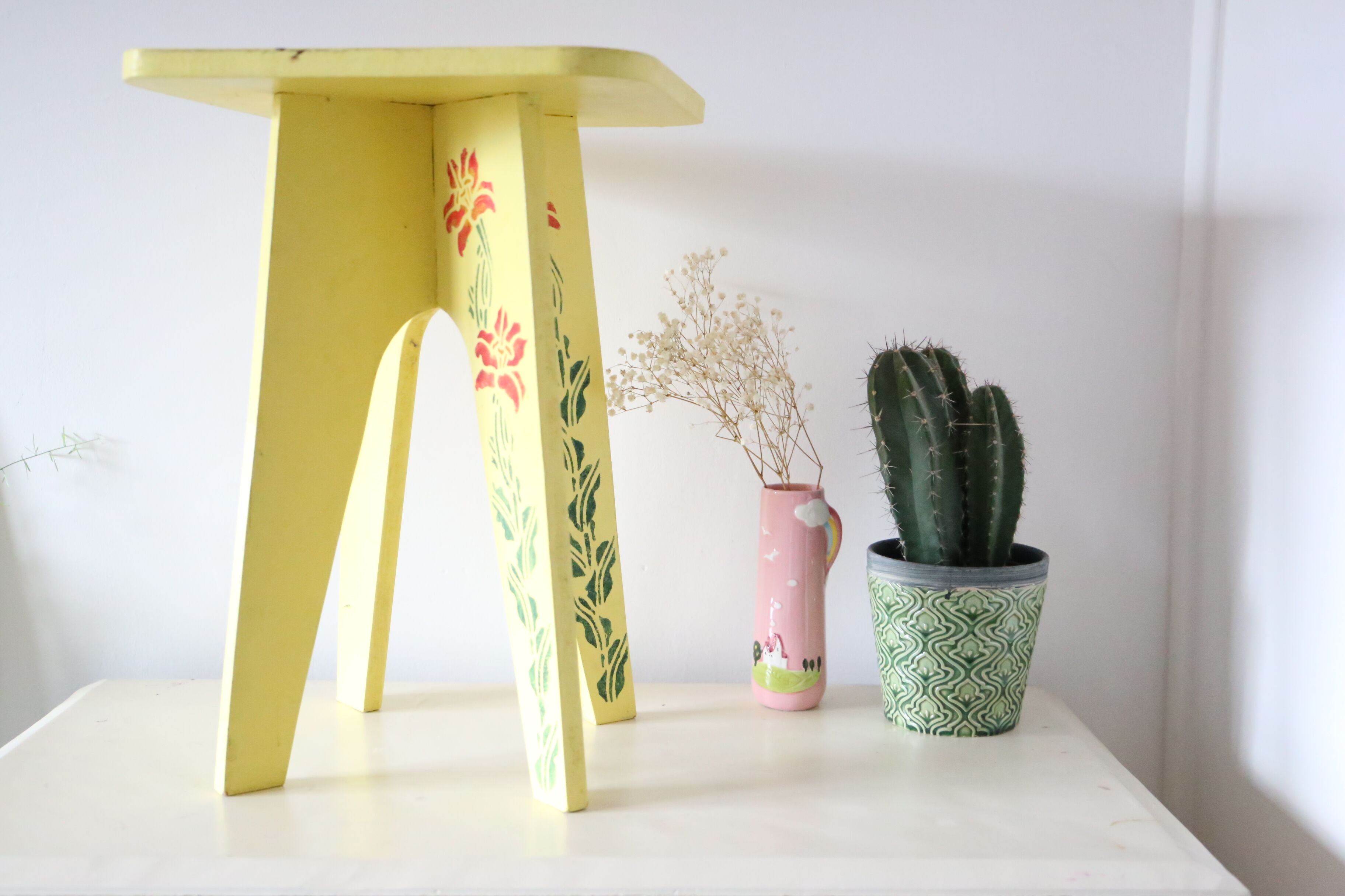 Wooden tabouret, hand-painted, vintage French Copy