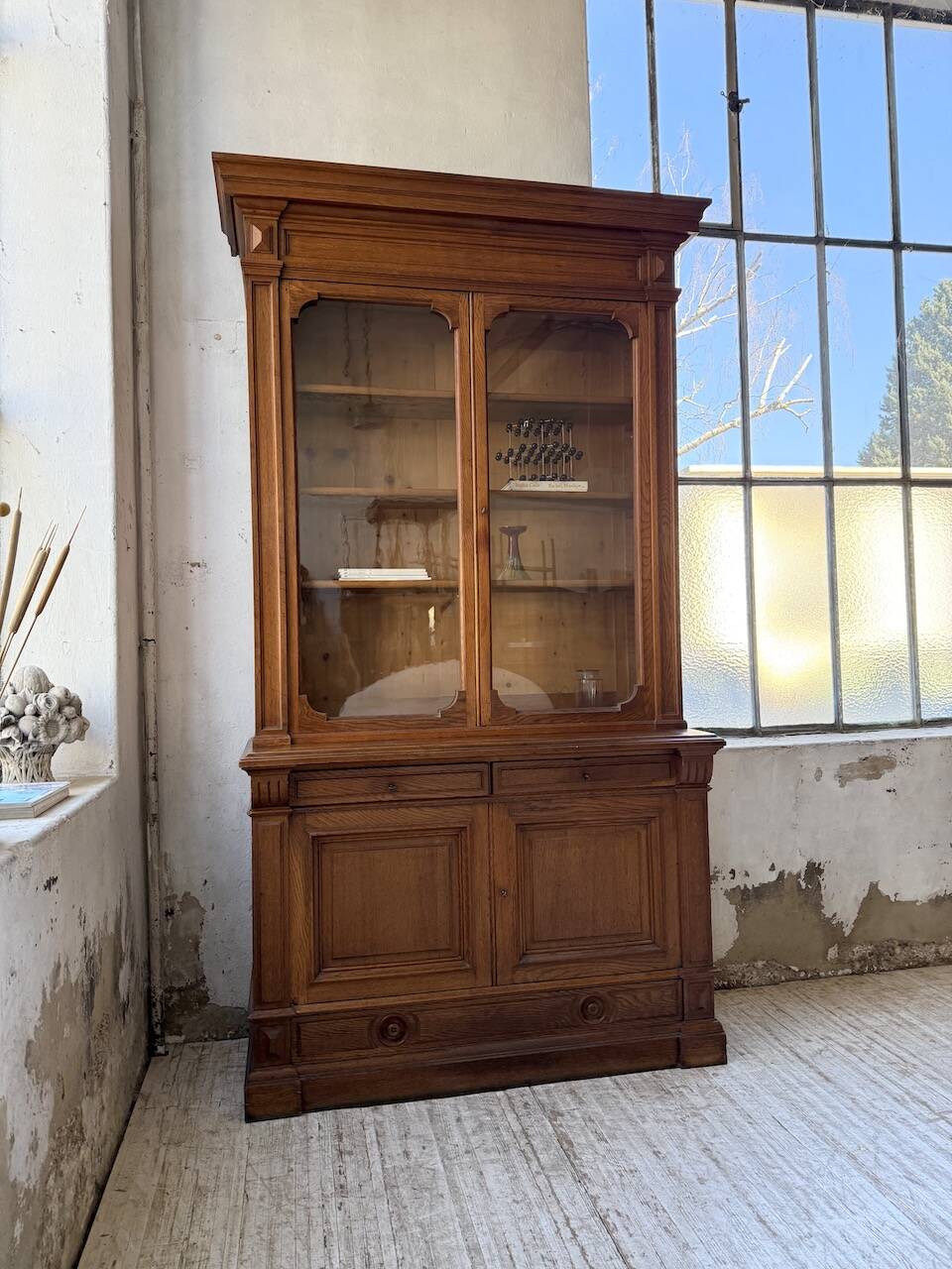 Antique XL Napoleonic oak glass bookcase, 19th century