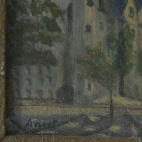 Peinture à l’huile sur panneau Château signée