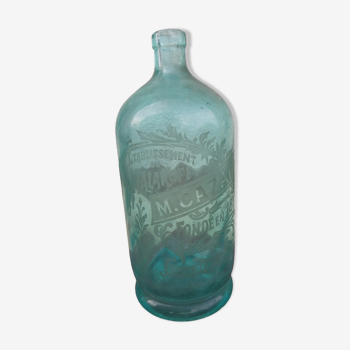 Blue green glass bottle engraved cazard paris founded in 1872 before 1900